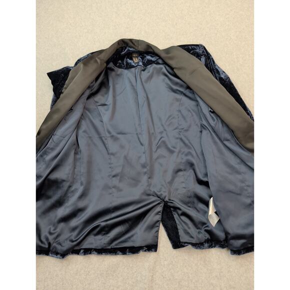 G.I.L.I. Womens Blue Velvet Blazer SZ 6 Black Satin Shawl Lapel Holiday Glam - Picture 9 of 14